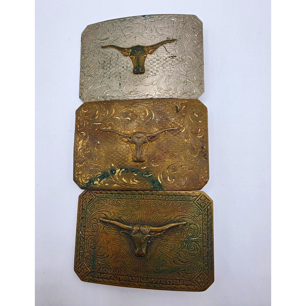 Lot of 3 Vintage Longhorn Steer Belt Buckles Western Cowboy Rodeo As Found